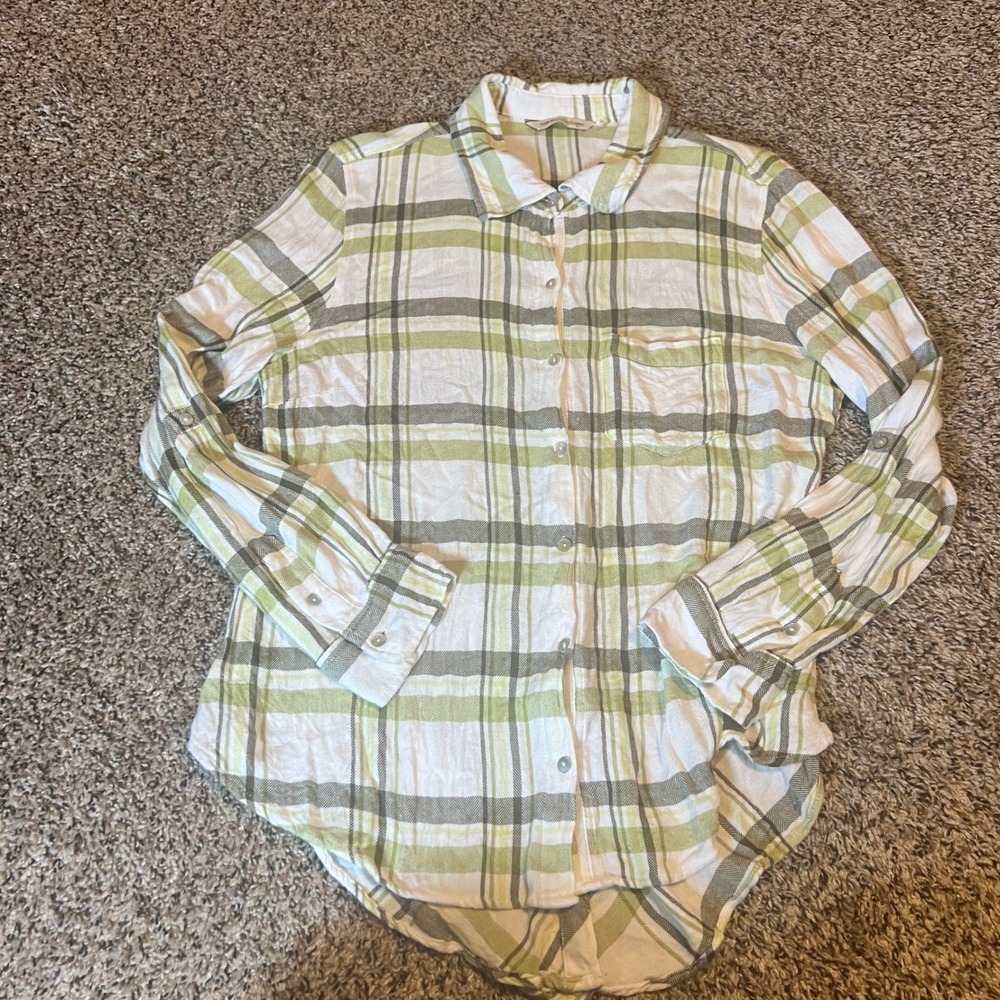 Soft Surroundings Plaid Button Down Shirt Women's Green White Long Sleeve Casual
